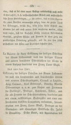 681-693 [Rezension] Le Maistre de Sacy, Isaac-Louis; Erklärung der Heiligen Schriften des Neuen Testamentes