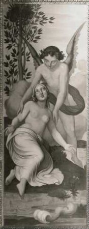 Amor befreit Psyche aus der Ohnmacht : Freskenzyklus Amor und Psyche. Bild 6: Amor befreit Psyche aus der Ohnmacht. Fresko; 2,12 x 0,70 m (1838; L. Schulz). Gartenpavillon des Schlosses Rüdigsdorf