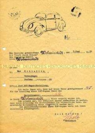 Hektografiertes Schreiben der Deutschen Arbeitsfront bezüglich der Bestellung eines KdF-Wagens