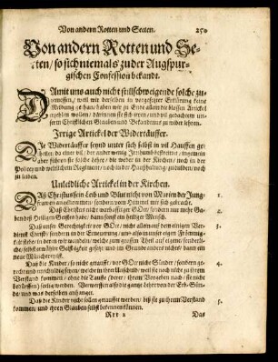 Von andern Rotten und Secten/ so sich niemals zu der Augspurgischen Confession bekandt