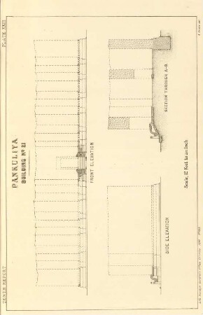 Plate XXIII. Pankuliya. Building No. 21. Front elevation. Side elevation. Section through A-B.