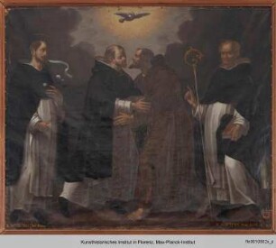 Begegnung zwischen den Heiligen Franziskus und Dominikus sowie die Heiligen Albertus Magnus und Jakobus Salomonius
