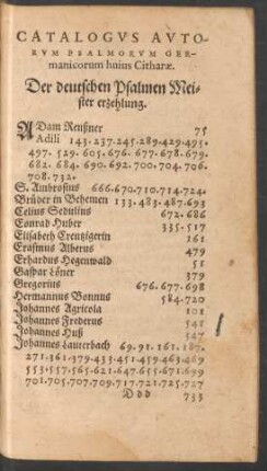 Catalogus Autorum Psalmorum Germanicorum ... = Der deutschen Psalmen Meister erzehlung.
