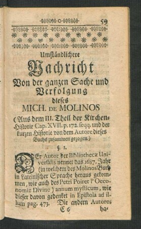 Umständlichere Nachricht Von der ganzen Sache und Verfolgung dieses Mich. De Molinos