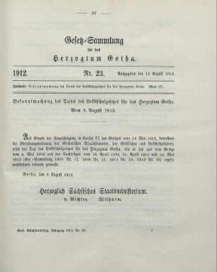 23. Bekanntmachung des Textes des Volksschulgesetzes für das Herzogtum Gotha. Vom 8. August 1912
