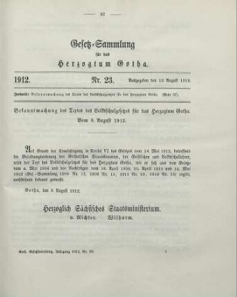 23. Bekanntmachung des Textes des Volksschulgesetzes für das Herzogtum Gotha. Vom 8. August 1912