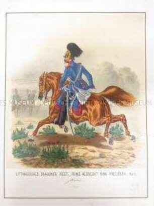 Uniformdarstellung, Adjutant des Dragoner-Regiments "Prinz Albrecht von Preußen" (Litthauisches) Nr. 1 zu Pferd, Preußen, 1864. Tafel 10 aus: Schindler: Militair-Album.