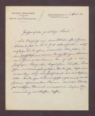 Schreiben von Georg Brauner, Berliner Lehrer-Gesangsverein, an Elisabeth Rosset, Kondolenzbrief zum Tod von Constantin Fehrenbach