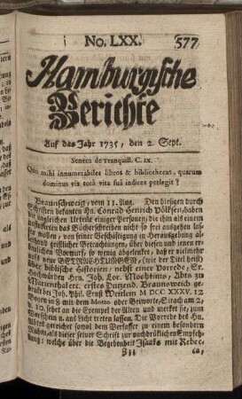 No. LXX. Auf das Jahr 1735, den 2. Sept. - No. LXXVIII. Auf das Jahr 1735, den 30. Sept.