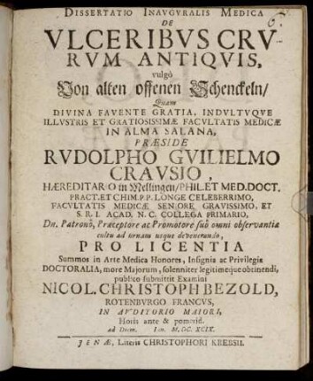Dissertatio Inauguralis Medica De Ulceribus Crurum Antiquis, vulgo Von alten offenen Schenckeln