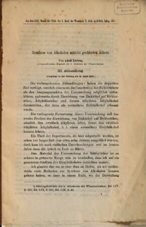 Synthese von Alkoholen mittelst gechlorten Äthers : III. Abhandlung ; vorgelegt in der Sitzung am 15. April 1875