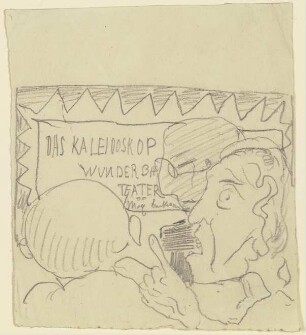 Drei Köpfe vor einem Plakat: "DAS KALEIDOSKOP WUNDERBA TEATER von Max Beckmann"