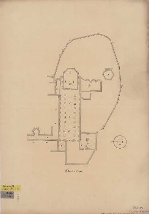 Kloster Altzella bei Nossen, Handzeichng., 1794 : Kloster Zelle / [gez. von Hund. Copiert von Milhäuser]. - [Gez. 1785]. - [S.l.] , [1794]. - 1 Kt. : kolor. Handzeichng. ; Blattgr. 39 x 55 cm