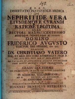 Diss. inaug. med. de nephritide vera, eiusdemque curandi ratione legitima
