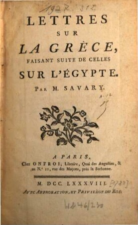 Lettres sur la Grece : faisant suite de celles sur l'Égypte