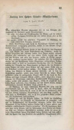Antrag des Hohen Staats-Ministeriums vom 9. Juli 1849