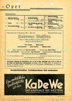 Programm der Staatsoper Berlin zur Oper "Der fliegende Holländer"