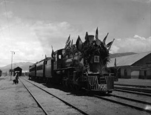 Eisenbahn des bolivianischen Präsidenten : Blick auf die Dampflokomotive mit zwei Wagons des bolivianischen Präsidenten im Bahnhof von Guaqui.
