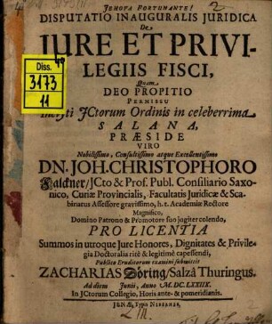 Disputatio Inauguralis Iuridica De Iure Et Privilegiis Fisci