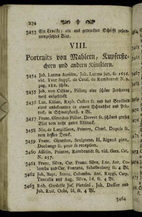 VIII. Portraits von Mahlern, Kupferstechern und andern Künstlern.