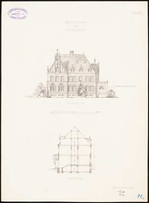 Gemeindehaus der Erlöserkirche, Berlin-Rummelsburg 1. Projekt: Ansicht, Querschnitt