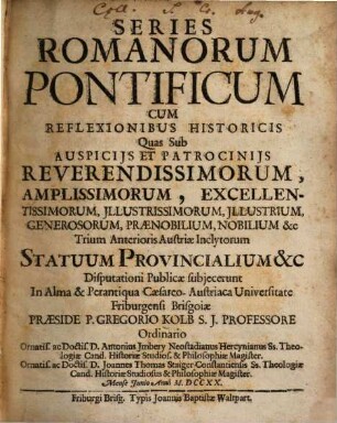 Series Romanorum Pontificum : Cum Reflexionibus Historicis