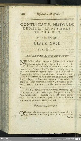 Continuatae Historiae De Ministerio Cardinalis Richelii. Anno M. DC. XL. Liber XVII