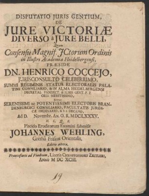 Disputatio Iuris Gentium, De Iure Victoriae Diverso a Iure Belli