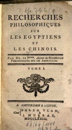 Recherches Philosophiques Sur Les Egyptiens Et Les Chinois, 1