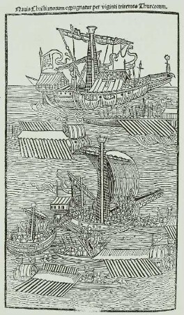 Carusin, Guillelmus: Rhodiorum historis: Die Belagerung der Johanniter auf Rhodos, Blatt b 5 v : Ruderschiffe, aus: Caoursin, G.: Rhodiorum historia 1496