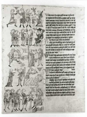 Sachsenspiegel, Land- und Lehensrecht. Illustration und Textseite aus dem Sachsenspiegel des Eike von Repgow (Seite 13) : Sachsenspiegel, Land- und Lehensrecht. Illustration und Textseite aus dem Sachsenspiegel des Eike von Repgow (Seite 13). Federzeichnung, aquarelliert (um 1350). Dresden: SLUB Mscr.Dresd.M.32