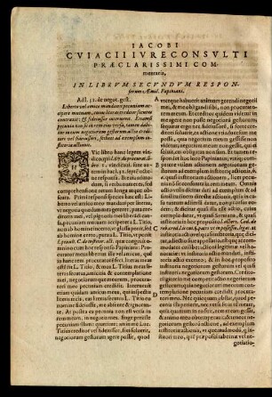 Iacobi Cuiacii ... Commentaria, In Librum Secundum Responsorum Aemil. Papiniani.