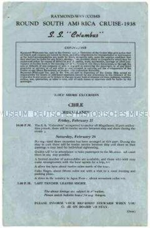 Ausflugsprogramm von der Südamerika-Rundreise auf der "Columbus" für den Aufenthalt in Chile (englisch) - Nachlass