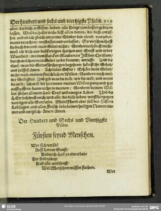 Der Hundert und Sechs und Viertzigste Psalm. Fürsten seynd Menschen
