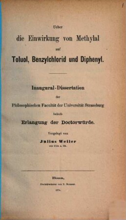 Über die Einwirkung von Methylal auf Toluol, Benzylchlorid und Diphenyl