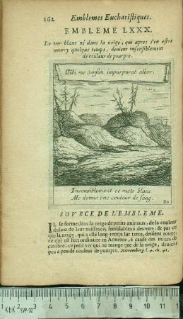 Embleme LXXX. Le ver blanc né dans la neige, qui apres s'en estre nourry quelque temps, deuient insensiblement de couleur de pourpre.