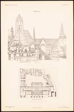 Stadthaus Schinkelwettbewerb 1898: Querschitt, Grundriss EG (aus: Entwürfe von Mitgl. d. AVB, Neue Folge 1897/98)