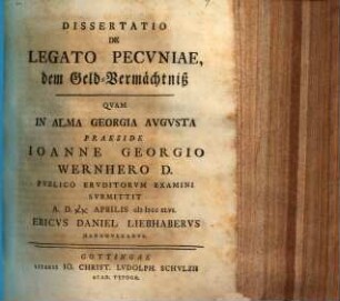 Diss. de legato pecuniae, dem Geldvermächtniß