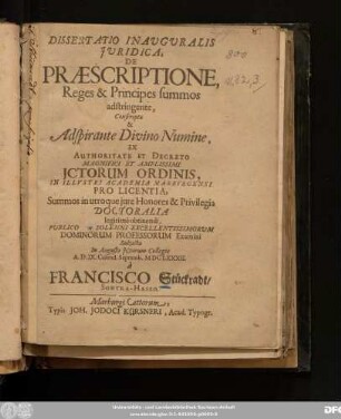 Dissertatio Inauguralis Iuridica, De Praescriptione, Reges & Principes summos adstringente