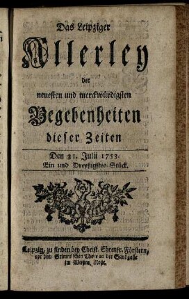 Den 31. Julii 1753. Ein und Dreyßigstes Stück.