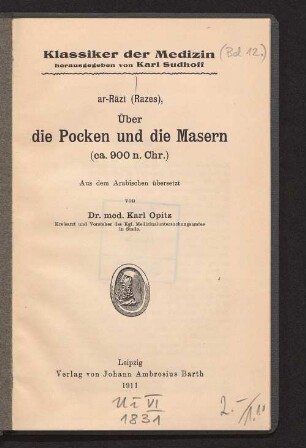 Über die Pocken und die Masern : (ca. 900 n. Chr.)