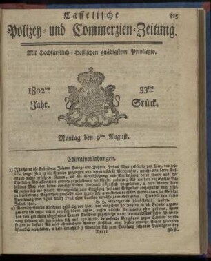 33tes Stueck, Montag den 9ten August 1802