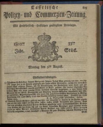33tes Stueck, Montag den 9ten August 1802