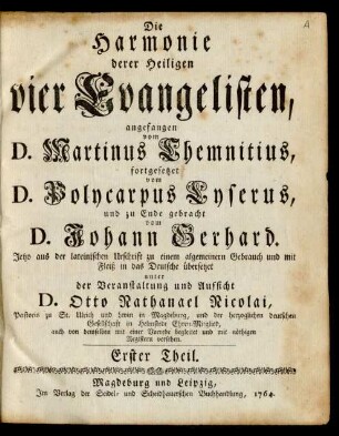 Erster Theil: Die Harmonie derer Heiligen vier Evangelisten
