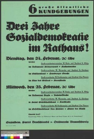 Plakat der SPD zu mehreren Wahlkundgebungen am 24. und 25. Februar 1931 in Braunschweig
