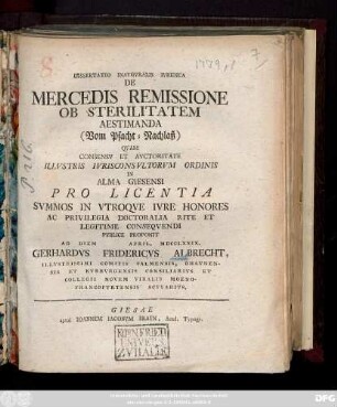 Dissertatio Inavgvralis Ivridica De Mercedis Remissione Ob Sterilitatem Aestimanda