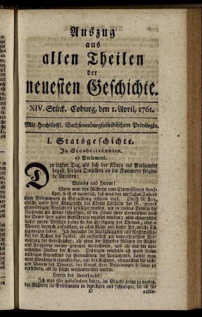 XIV. Stück. Coburg, den 1. April, 1761.