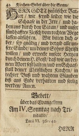Gebett/ über das Evangelium Am IV. Sonntag nach Trinitatis/ ...