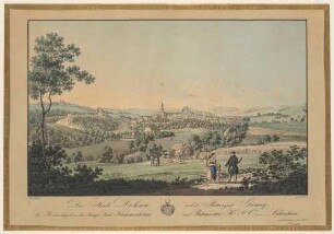 Die Stadt Dohna, südöstlich von Dresden mit der Marienkirche und dem Burgberg, im Hintergrund links das Rittergut Gamig