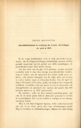 Zesde hoofdstuk. Gezondheidstoestand en verpleging der troepen. Verrichtingen der genie in 1874